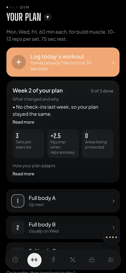 Your gym plan with Log today's workout and how the plan adapts